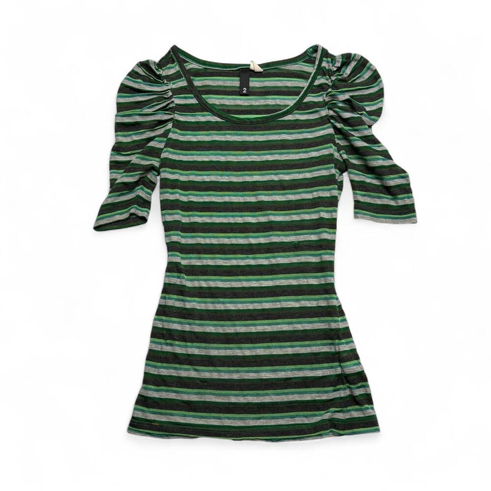 Y2K Green & White Horizontal Striped Puff Sleeve Top Size 2      office siren